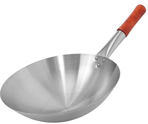 NUOBESTY Padella Wok in Acciaio Inox 30 Cm Manico in Legno per Fornelli a Induzione, Wok da Cucina Spesso per Friggere, Saltare e Cuocere a Vapore Verdure e Carne, Accessori per Pentole