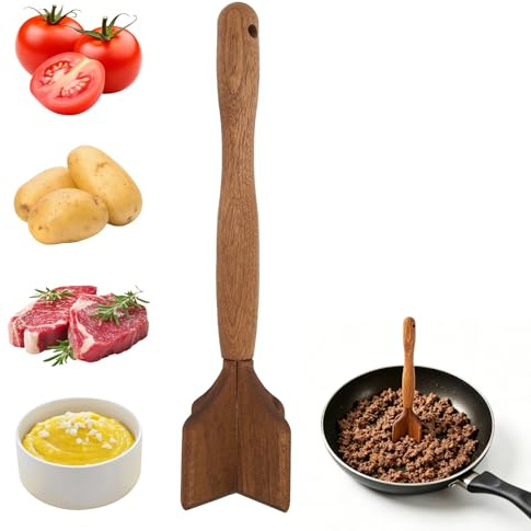 Schiacciapatate Carne Legno Tritacarne Manzo, Utensile Hamburger Legno Massiccio Robusto per Pentole Antiaderenti, Utensile Cucina Naturale per Tacchino Salsiccia