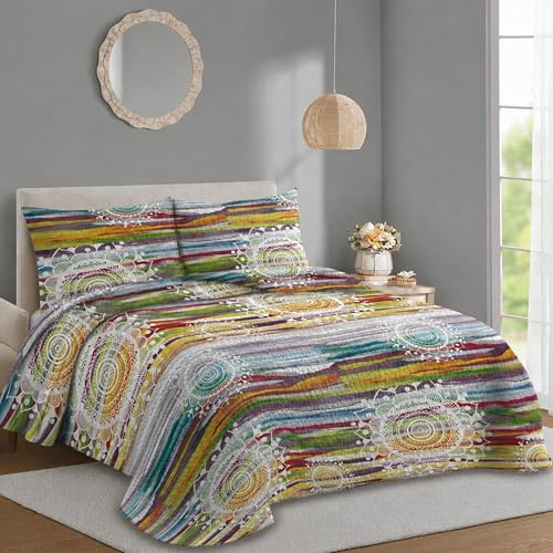 Colcha Boutí Cama 150 (250x260) Estampada para Verano y Entretiempo - 100% Microfibra - Cubrecama Ligero y Transpirable con 2 Fundas de Almohada (50x70) – Acabado en Punta Redonda (Esmirna)
