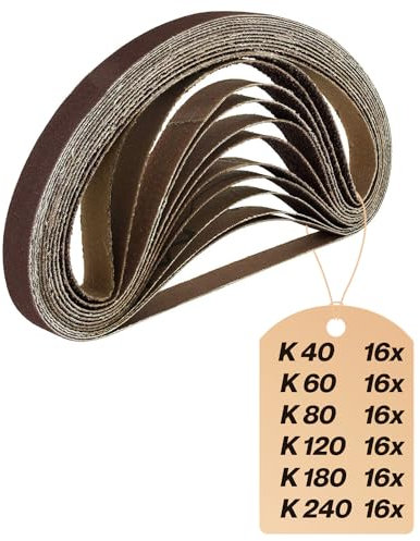 Lot de 96 bandes abrasives 13 x 451 mm, 16 x grain 40/60/80/120/180/240, pour lime à bande, ponceuse manuelle et ponceuse à tige, papier abrasif