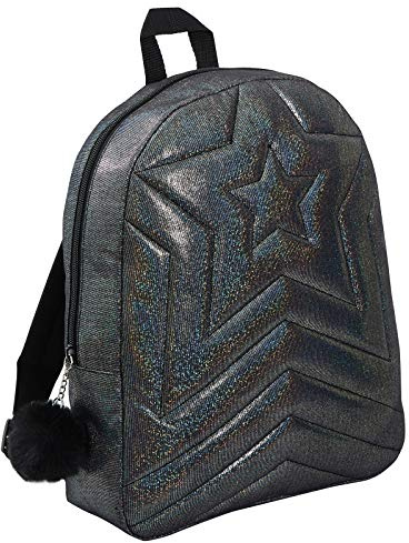 Flickor skola college quiltad svart glitter skimmer ryggsäck väska + pom pom dragkedja