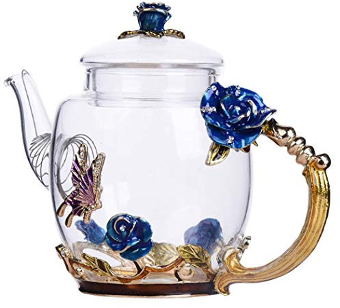 Théière en Verre Émaillé Résistant à la Chaleur avec Tasse en Cristal - Bleu