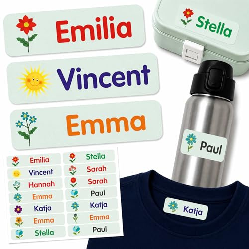 Indigos UG - Namensaufkleber Kinder Schule - 35–105 Sticker 35x10mm - Blumen mint - Kindergarten - mit Wunschtext personalisierbar - wasserfeste Wäscheetiketten selbstklebend