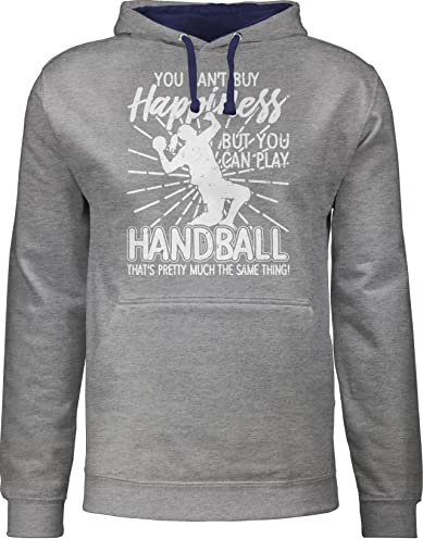 Pullover Herren Frauen Hoodie Kontrast zweifarbig - EM 2026 Trikot Ersatz - You can't buy happiness but you can play Handball I - S - Grau meliert/Navy Blau - handballer pulli hanball hoody halbball
