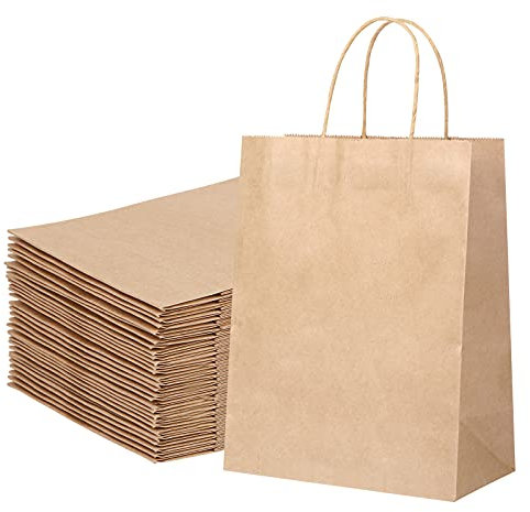 Aokyom 30X Papiertüten mit Henkel Braun Braune Kraftpapiertüte Groß Papiertragetaschen Papiertüten aus Kraftpapier für Einkaufen, 27x21x11 cm