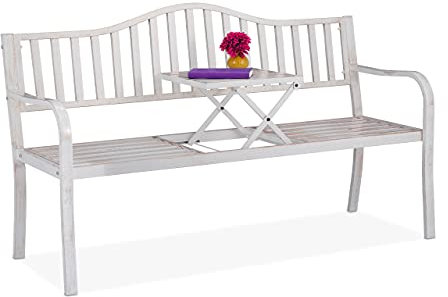 Relaxdays Gartenbank mit klappbarem Tisch, 3-Sitzer, Garten, Metall Balkonbank, HBT 89 x 150 x 58,5 cm, weiß-Bronze