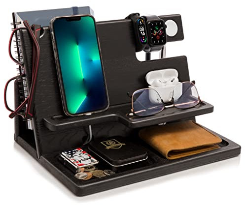 TESLYAR Schreibtisch Organizer Holz mit Handy Ständer und Schlüssel Organizer / Holz Telefon Dockingstation Schwarz - Geschenkideen für Männer & Frauen, Männer Geschenke Geburtstag , Herren Geschenke