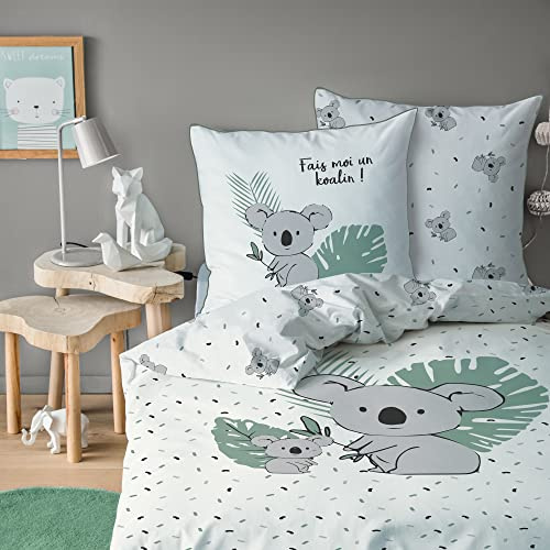 MATT & ROSE Parure de Lit Enfant 140x200 cm Koalas | 100% Coton | Oeko-TEX | Housse de Couette Enfant 140x200 cm + 1 Taie d'oreiller 63x63 cm Imprimées Réversibles | Blanc