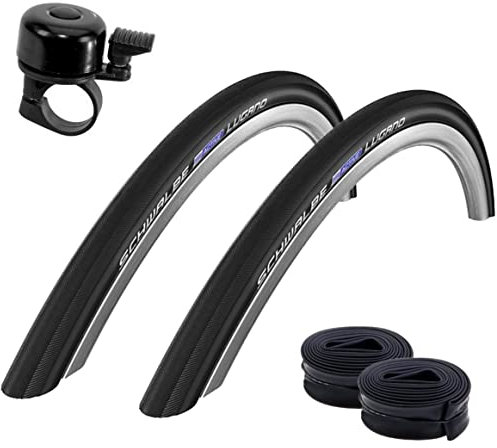 2 x Schwalbe Lugano 28 Rennradreifen K-Guard Fahrrad Mantel Decke in schwarz 700 x 33C (32-622) + 2 Schwalbe SV17 Schläuche inkl. Fahrradklingel
