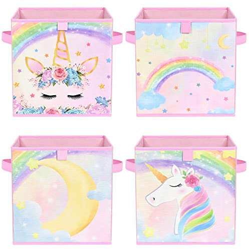 WERNNSAI Aufbewahrungsbox für kinder– 4er Pack Einhorn Faltbare Aufbewahrungswürfel aus Stoff und Mädchen 28cm Rosa Dekorative Aufbewahrungskörbe mit Griffen Schrank Kinderzimmer Schlafzimmer