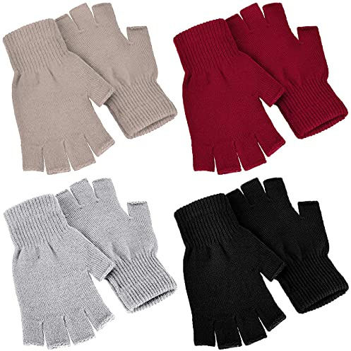 Nuanchu 4 Paia Guanti Mezze Dita Invernali Guanti Senza Dita a Maglia per Uomo e Donna (Nero, Rosso, Kaki, Grigio Chiaro)
