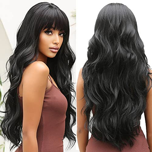 OUFEI Longue Perruque Noire Ondulée avec Franges pour Femmes Cheveux Synthétiques Naturels Perruques Résistantes à la Chaleur pour Fêtes et Jeux de Rôle - 28 pouces
