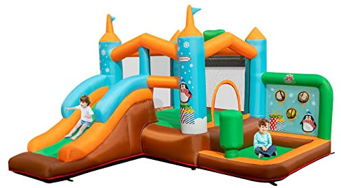 COSTWAY Hüpfburg mit Rutsche, Kinder Hüpfschloss mit Bällebad, Basketballring, Boxsäule, Wurfspiel, für Hof, Rasen, Innen, 335 x 300 x 200 cm
