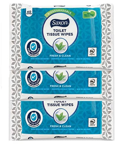 Toilet Tissue Wipes Biodegradable, Normal/Sensitive, Fresh and Clean with Micellar Water - Fine To Flush (3 Pack - 120 Wipes) (Normal)