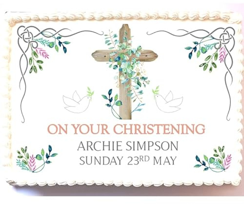 Personalised Christening Cake Topper - Edible Icing or Wafer - Rectangle A4 - Blue Blush Silver Flowers Floral Cross Decoration (Edible Icing)