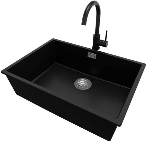PRIMAGRAN Fregadero bajo Encimera Negro 66x47cm, Granito 1 Seno + Grifo 32x20cm + Sifón, Cocina al mueble 70cm - London S282