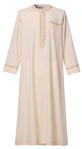 CAMDOM Abito Uomo Arabo in Lino Thobe Lungo con Collo a V e Ricamo Arabo Kaftan Loose Fit per Uomo Musulmano Abaya Thobe Preghiera Maschile Abbigliamento Tradizionale Medio Oriente