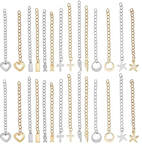 PH PandaHall 28pcs Rallonge de Chaîne en 304 Acier Inoxydable, 7 Style 59~71mm Rallonges de Bijoux avec Breloques en Acier Inoxydable pour Chaînes D'extrémité Bracelet Collier Bijoux, Or & Argent