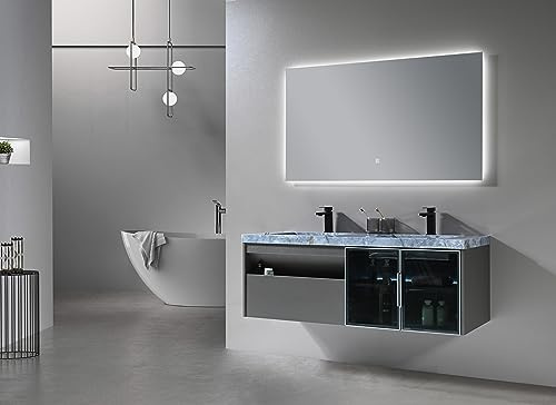 LuxuryBain - Mueble de baño doble lavabo 140 cm gris y efecto mármol azul con espejo LED LB-8509