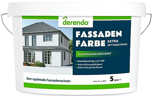 derendo Fassadenfarbe grau 5l mit EXTRA hohem Wetterschutz, matte silikonharzverstärkte Fassaden Farbe, hohe Deckkraft und gute Füllkraft bei kleinen Rissen (Lichtgrau 15-16)