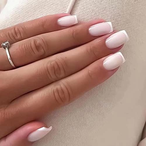 JUSTOTRY 24 Pcs White French Press on Nails Medium Designs,Milky False Nails Square,Pretty Stick on Nails for Women and Teens,Glossy Squoval Fake Nail for Girls Nail Art
