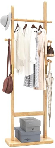 Aibiju Garderobenständer 180 cm mit Rechteckigem Sockel und 5 Haken Kleiderständer zum Aufhängen von Mänteln, Kleidung, Anzügen, Jacken, Einfach zu Montieren und Stabilem, Natürliche Holzfarbe YD-202