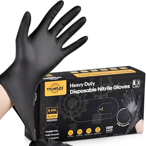 TitanFlex Heavy Duty Black Nitrile Gloves, 6-mil, Fully Textured, Small 100-ct Box, Mechanic Disposable Gloves, Work Gloves, Latex Free, Powder Free, Rubber Gloves for Food Prep