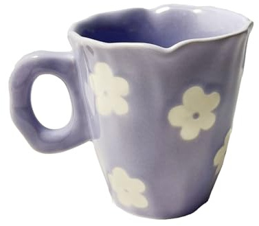Soulnioi Taza de café de cerámica, bonita taza de capuchino con asa, 300 ml, pintada a mano, taza de avena irregular para desayuno, taza creativa de té y leche para regalo, flor morada