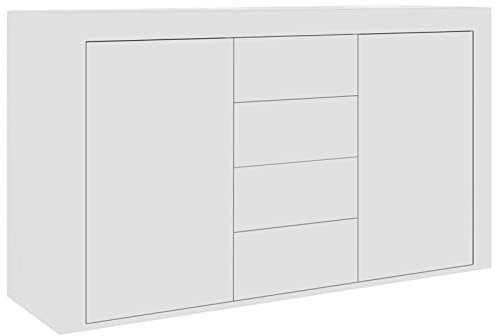 Homgoday Sideboard, Bücherschrank mit 2 Türen und 4 Schubladen, robuster Standschrank für Schlafzimmer, Wohnzimmer und Küche, Heimbüro-Möbel, Weiß, 120 x 36 x 69 cm, Holzwerkstoff