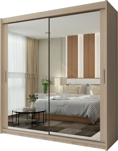 FURNITUREWAVE Full Length Sliding Wardrobe Adjustable Shelves Wardrobe Storage Organiser in 6 Colors Mirrored Wardrobes for Bedroom, Modern Double Door Wardrobes (Oak, 180cm)
