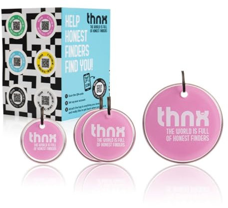 thnx Tag Airtag Keychain - with QR Code, Smart Travel Pack XL, 1x S Tag, 2X M Tag, 1x L Tag, 2X Tag sticker, for backpacks, suitcases, keys and laptop, direct contact with the finder (Pink)