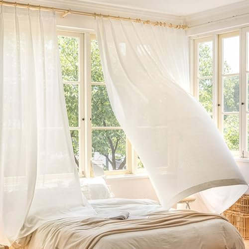 Beydodo Vorhänge Weiß 2er Set mit Haken 137x274CM, Gardinen für Schienensystem Stickerei mit Blätter Motiv Japanisch Gardinenschals Polyester Halbtransparent für Wohnzimmer Schlafzimmer Küche