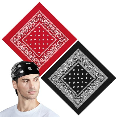 2pcs,100% Baumwolle,Bandana Damen Herren,Nickitücher Halstuch Männer, Paisley Muster Kopftuch, Neuheit Cowboy Halstücher,Headwear Haar Schal-Taschentuch(55 x 55 cm) (Großes Rot + Schwarz)