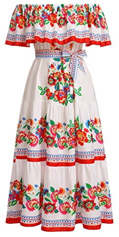 EFOGEP Abito da donna messicano estivo, stile boho, con fiori, drappeggiato, scollato, tradizionale, per festa, abiti bohémien, lunghi, abiti maxi, casual, per matrimonio, da spiaggia, da festa, con