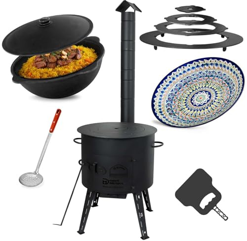 Uchag Ø40 cm Utschak 2mm stahl mit Abzugsrohr 12 L Kazan Rund Grillfächer Schaumkelle Adapter-Ringe Herdplatte Orientalischer Teller ляган Utschag Kasan Feldküche Außenküche Eintopfofen Gulaschkanone
