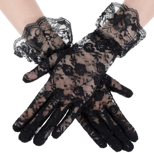 Tyqour Black Lace Gloves for Women, Tea Party Lace Gloves Women, Elegant Black Gloves Costume, Vintage Short Opera Mesh Gloves for Opera Wedding Dinner 1920s Party