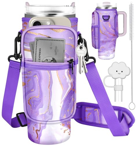 Water Bottle Holder Carrier Bag for Stanley Cup 40 oz Water Bottle Sling Pouch with Adjustable Shoulder Strap Phone Pocket Clouds Straw Cover Cleaner Brush for Walking Travel Hiking Gym（Purple Marble）
