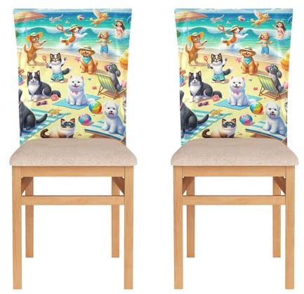 ODAWA Stuhlhussen mit Hunden und Katzen auf Sommer-Strandkorb, 2er-Pack, Esszimmerstuhl-Schonbezüge, Stuhlhussen-Set für Küche, Bauernhaus-Dekorationen