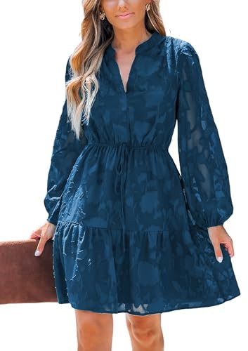 CUPSHE Mini abiti autunnali da donna in pizzo con volant semi formale abito da sposa con scollo a V manica lunga contadina cravatta elastica in vita, Blu navy, M