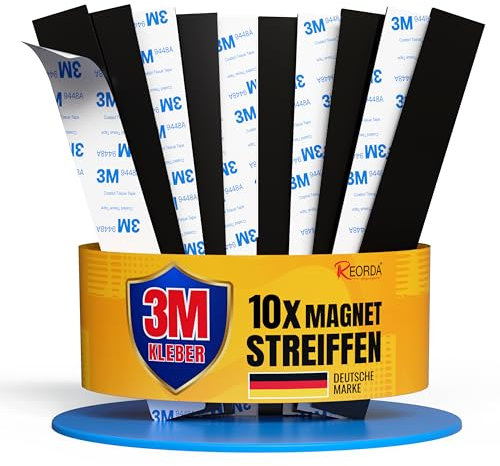 REORDA Magnetstreifen selbstklebend [STARKER 3M KLEBER] - 10 Stück | magnetisches Klebeband | Starkes Magnetband - Sicherer Halt für fast alle metallischen Objekte (15 cm x 20 mm)