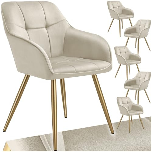 tectake® Set med 6 karmstolar med quiltat sammetslook, elegant stol med bekvämt ryggstöd och armstöd, stabila stålben med halkfria plastkåpor och tidlös design, passar perfekt i matsal - Creme/Guld