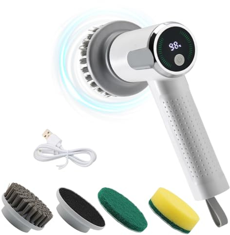 DaMohony Electric Spin Scrubber, Cordless Cleaning Brush with LED Display, 2 Speeds Handhold Power Scrubber with 3 Replacement Heads for Floor, Kitchen, Bathtub