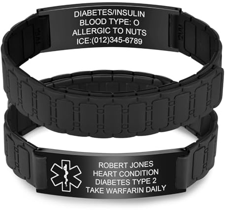 Personalisiertes Notfallarmband Damen Herren - Wasserfest Silikon Sport SOS ID Armband mit Gravur Name Telefonnummer Epilepsie Allergie Diabetes, Medizinisches Alarm Notfall Armbänder für Erwachsene