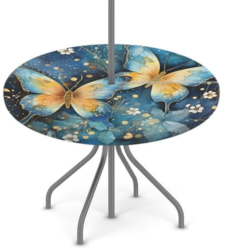 Woltant Nappe ronde avec trou de parasol et fermeture éclair facile à nettoyer avec bords élastiques - Protection de table d'extérieur pour jardin, terrasse, barbecue - Motif papillon floral