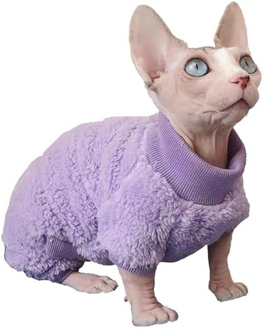 Katzenbekleidung,Katzen Kleidung, Sphynx Kleidung for haarlose Katzen, Winter, weich, warm, dick, Overall mit vier Beinen, Outfit, Pyjama for Katzen, Haustier-Kleidung, Pullover, Kätzchen-Hemden (lila