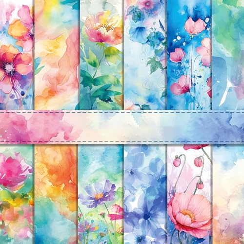 MerwDeeyt Scrapbook Papier 30x30 cm Blumen Muster Scrapbook Bastelpapier | 24 Blatt, Bunt Frühling Motivpapier, Doppelseitiges Dekorpapier, für Journal Scrapbooking