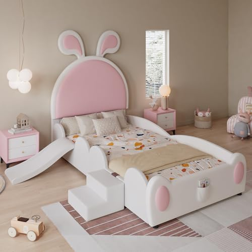 SUKY Cama tapizada, 90 x 200 cm, cama individual con escalera pequeña y tobogán infantil, cabecero con orejas de conejo, cuna con listones de madera, PU, blanco+rosa