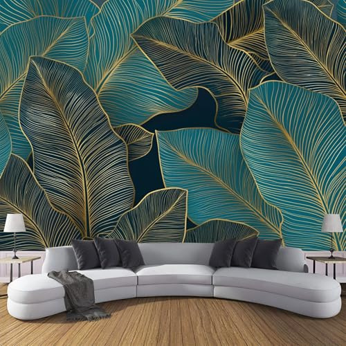 Carta Da Parati Fotografica Filo D'Oro Foglia Di Banano, Moderno Lussuoso Design Carta per Pareti Soggiorno Camera Da Letto Sala Fotomurali, Turchese Tessuto di Seta Murale, 300Lx210A cm