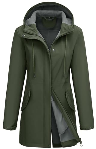 CMTOP Giacca Impermeabile Donna Parka Calda Leggera con Fodera Interna Cappotto Softshell Antivento con Cappuccio Trench Giubbino Outdoor Casual Elegante Raincoat Funzionale(Verde, M)