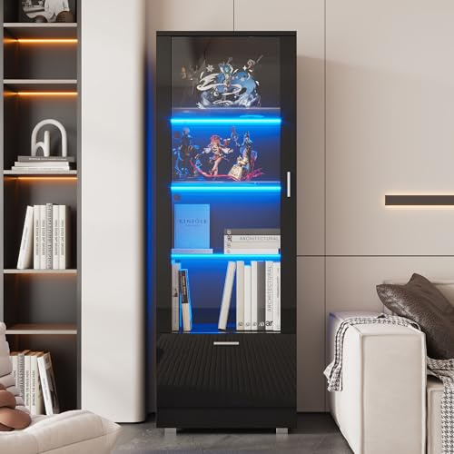 Crlnaup Schwarze Hochglanzvitrinen mit Glastüren, LED-beleuchtete Glasvitrinen, Vitrinen für Sammlerstücke, Parfümschränke, Bücherregale und Glasvitrinen mit schwarzen Hochglanztüren (3 Fachböden)